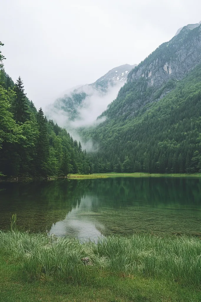 A serene mountain lake reflects the mist-shrouded peaks and lush green forests.  The calm water is crystal clear, showing the lake bed below.  Tall grasses grow along the shoreline, adding to the peaceful atmosphere of this untouched natural landscape.  The mountains rise dramatically in the background, their slopes densely covered with evergreen trees.