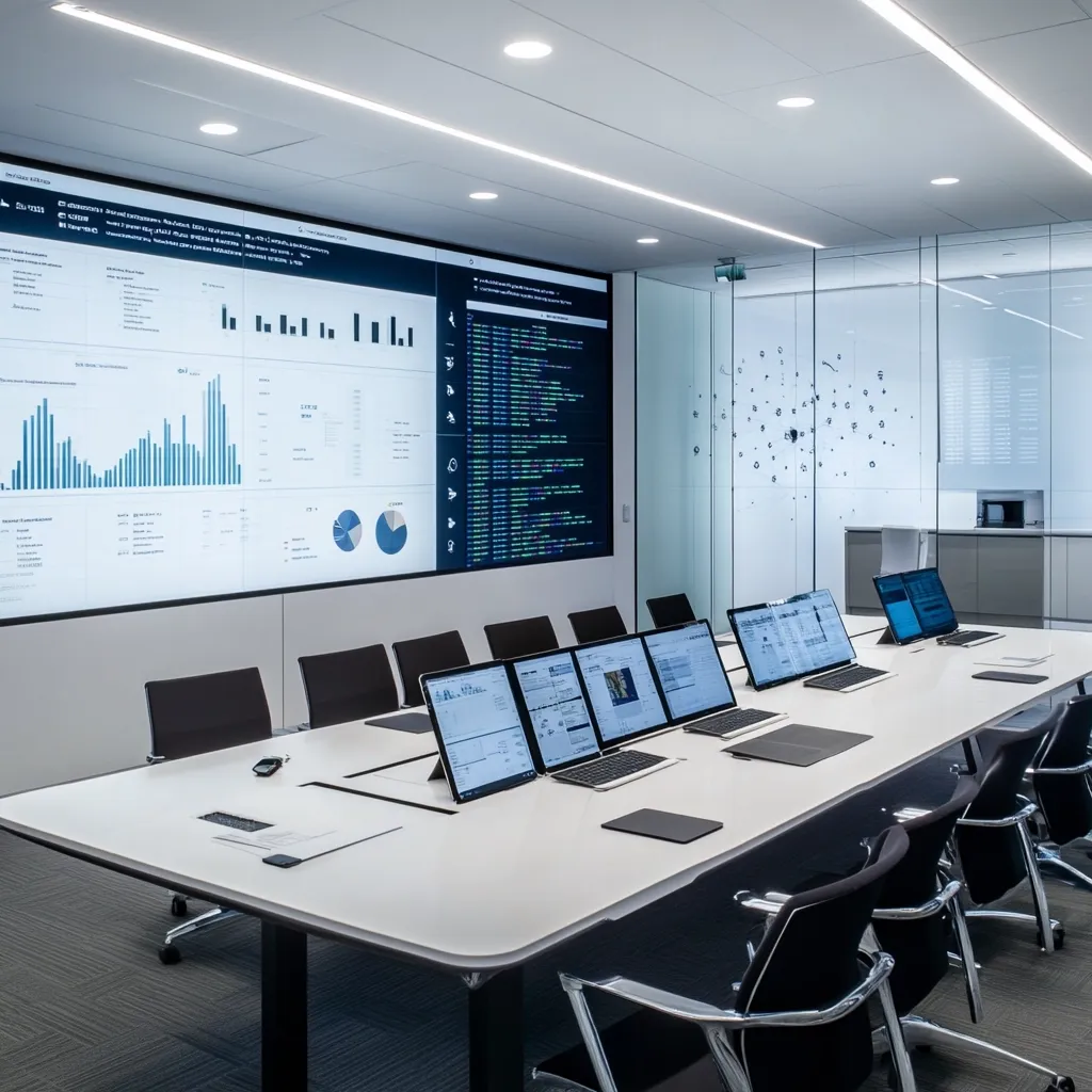 A modern, minimalist conference room features a large wall-mounted display showcasing various data visualizations and code.  Multiple laptops are arranged on a long, white table surrounded by sleek black chairs. The room's design emphasizes clean lines and technological integration, suggesting a space for data analysis or strategic planning.  A glass partition separates the meeting area from an adjacent space.