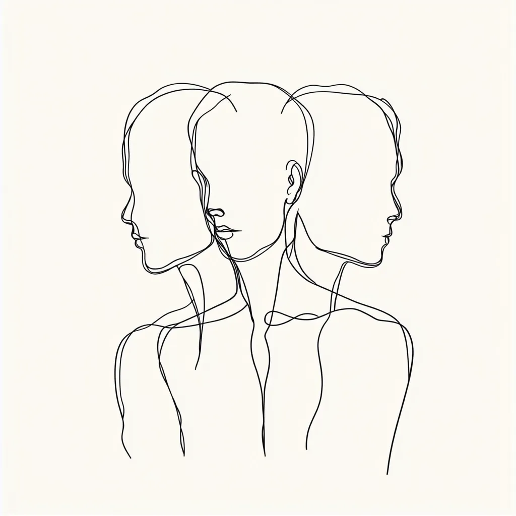 A minimalist line drawing depicts three overlapping female profiles, their necks and shoulders intertwined.  The continuous line style creates a sense of unity and interconnectedness, suggesting a theme of identity, duality, or the multifaceted nature of the self. The elegant simplicity of the artwork allows for varied interpretations.