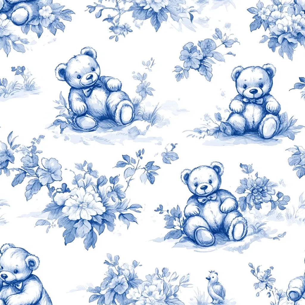 A charming blue and white toile pattern features adorable teddy bears seated amidst blossoming flowers.  The bears wear bow ties and are sketched in a delicate, whimsical style.  The floral designs are equally intricate, creating a serene and elegant repeating pattern perfect for fabric, wallpaper, or stationery.  A small bird is subtly included, adding to the overall charming aesthetic.
