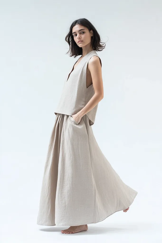 A woman with short brown hair models a light beige linen sleeveless top and a flowing maxi skirt.  The outfit is simple and elegant, with a relaxed, minimalist aesthetic. The skirt has pockets and falls to her feet. The model's pose is casual and graceful against a white background.