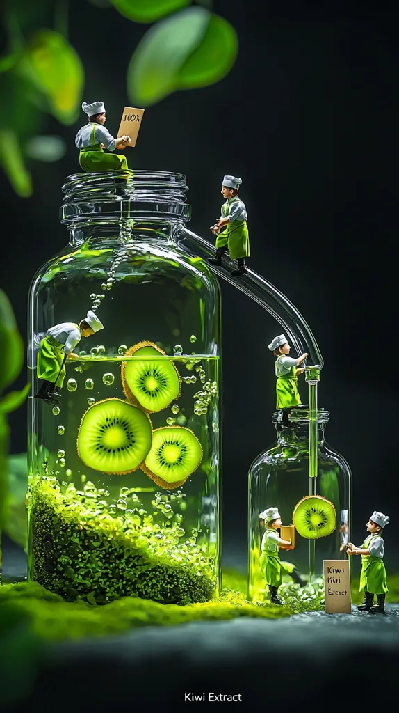 Miniature chefs work in a whimsical scene depicting kiwi extraction.  They oversee the process from kiwi slicing to pouring the resulting extract into a smaller bottle.  The larger glass vessel contains kiwi slices submerged in a vibrant green liquid, sitting atop a bed of moss.  A sign reads "Kiwi Extract," highlighting the product's purity. The overall aesthetic is vibrant, playful, and emphasizes the natural origins of the product.