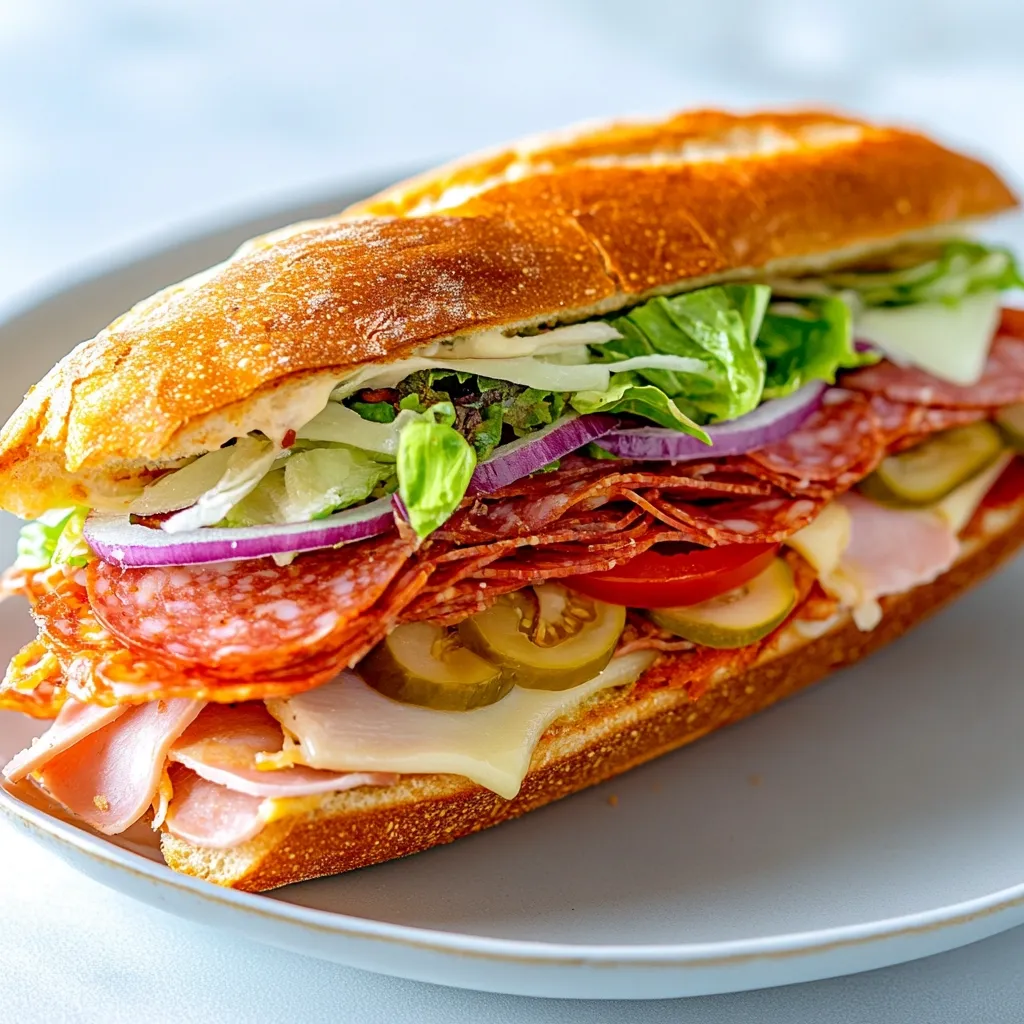 A delicious-looking Italian sub sandwich is the focus of this close-up shot.  Layers of salami, ham, cheese, lettuce, tomato, red onion, and pickles are piled high on a crusty roll.  A creamy dressing is visible, adding to the sandwich's appetizing appearance. The sandwich rests on a light grey plate, set against a bright, blurred background.