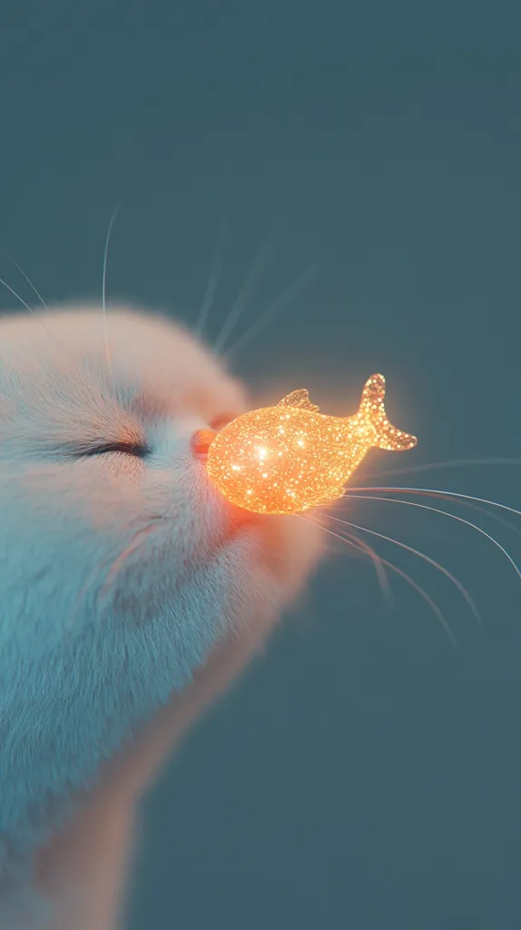 A close-up shot depicts a white cat gently touching its nose to a luminous, golden-orange fish.  The fish appears ethereal, like glittering stardust, contrasting with the soft fur of the cat. The background is a muted teal, enhancing the image's dreamy, almost surreal quality. The overall mood is serene and whimsical.