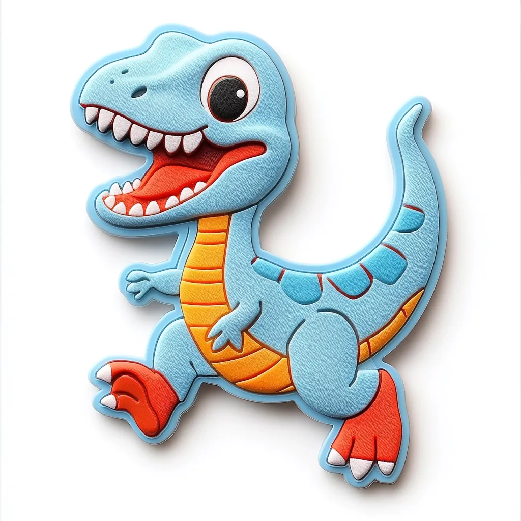 A light blue cartoon dinosaur magnet is shown.  The dinosaur has large, expressive eyes, a wide open mouth showing teeth, orange accents on its neck and feet, and a long tail.  It's depicted in a walking pose, with its feet slightly raised. The style is playful and child-friendly, suggesting its use as a decoration or children's toy.