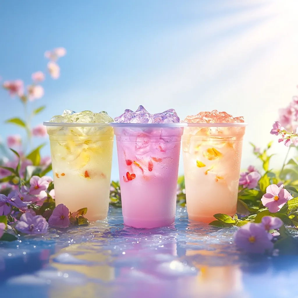 Three pastel-colored iced drinks sit on a cool surface, surrounded by blossoming pink flowers.  The drinks, in clear plastic cups, are light yellow, pink, and peach, each with ice and fruit pieces visible.  The scene is bright and sunny, suggesting a refreshing summer beverage.
