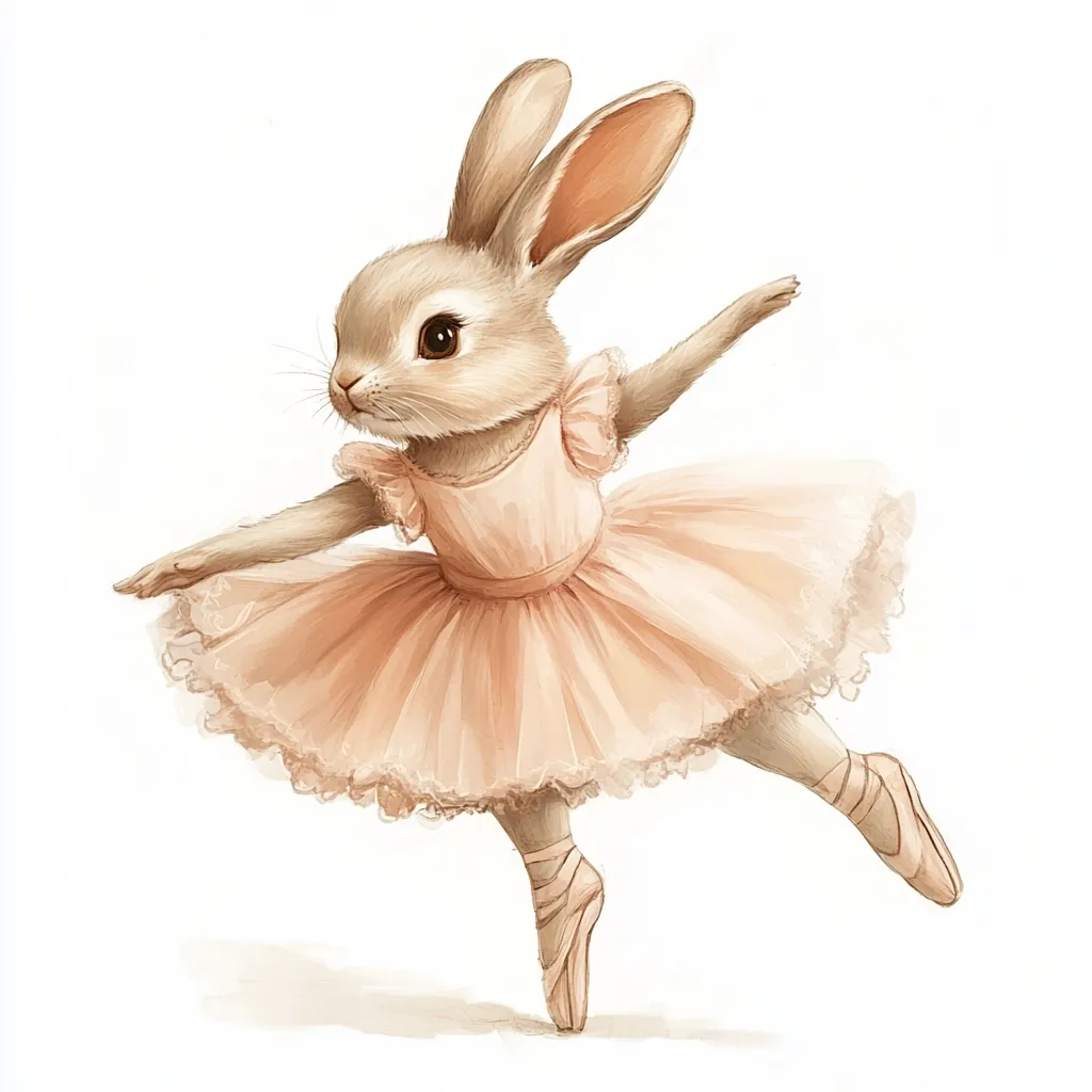 A charming illustration depicts a bunny ballerina gracefully poised in mid-leap.  The bunny, with soft brown fur and expressive eyes, wears a delicate peach tutu and pointe shoes.  Its pose suggests elegance and lightness, creating a whimsical and endearing image. The style is soft and painterly, with subtle shading enhancing the bunny's fluffy texture and the tutu's delicate layers.
