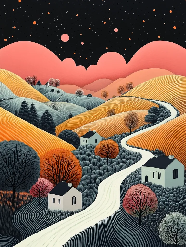 A stylized landscape painting depicts a winding road through rolling hills under a night sky dotted with stars and coral-colored clouds.  Small, simple houses are nestled amongst stylized trees and fields of varying shades of orange and gold. The artistic style is graphic and bold, with strong lines and flat color blocks creating a unique and peaceful scene.
