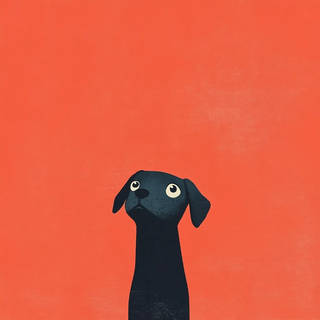 A minimalist illustration features a black dog, possibly a Labrador Retriever, set against a vibrant coral-orange background. The dog is depicted from the chest up, its head tilted upwards, creating a curious and endearing expression.  The simple, slightly textured style lends a modern, artistic feel to the image, leaving ample negative space around the dog.