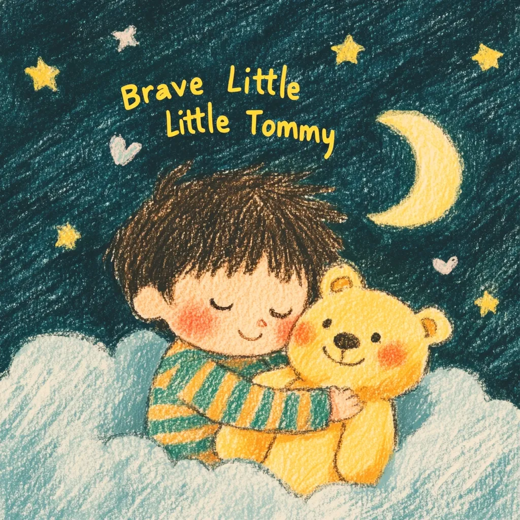 A crayon-style illustration depicts a young boy named Tommy, nestled in clouds under a crescent moon and starry night sky.  He's sweetly embracing a plush yellow teddy bear. The title "Brave Little Little Tommy" is written above, suggesting a bedtime story or children's book.  The overall tone is gentle and comforting.