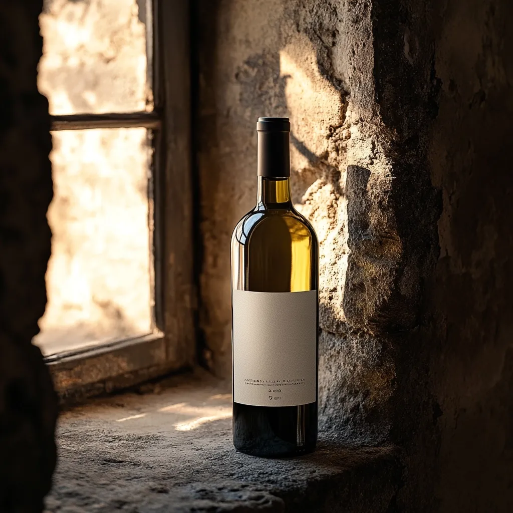 A bottle of white wine sits on a stone windowsill, bathed in warm sunlight. The rustic stone wall and aged window frame provide a stark contrast to the minimalist wine label.  The scene evokes a sense of quietude and the traditional winemaking process.  The bottle's positioning suggests a moment of contemplation or anticipation. The overall aesthetic is sophisticated and timeless.