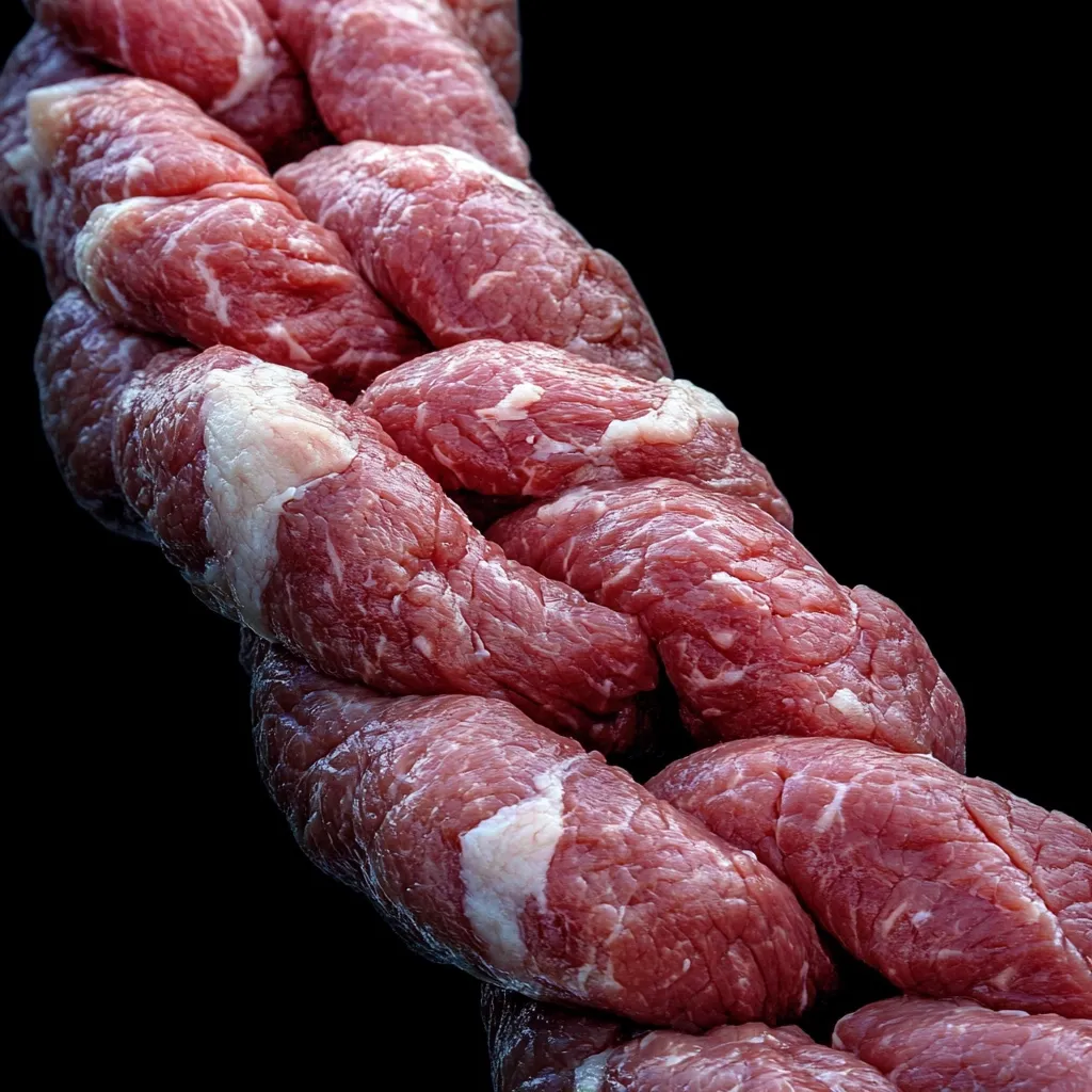 A close-up shot reveals a strand of raw, marbled meat intricately braided.  The rich red color of the meat is punctuated by streaks of white fat.  The texture appears tender and slightly moist.  The dark background emphasizes the vibrant color and detail of the meat.