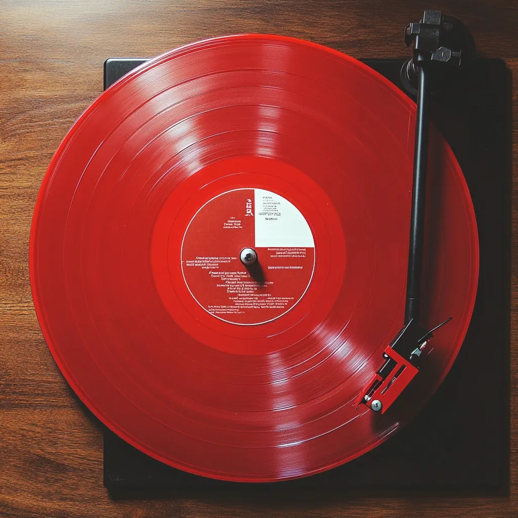 A vibrant red vinyl record spins on a turntable, its surface gleaming under the light.  The record label is visible in the center, displaying song titles and artist information. The turntable sits on a dark brown wooden surface, creating a striking contrast with the bright red of the vinyl.  The overall image evokes a feeling of classic music and retro style.