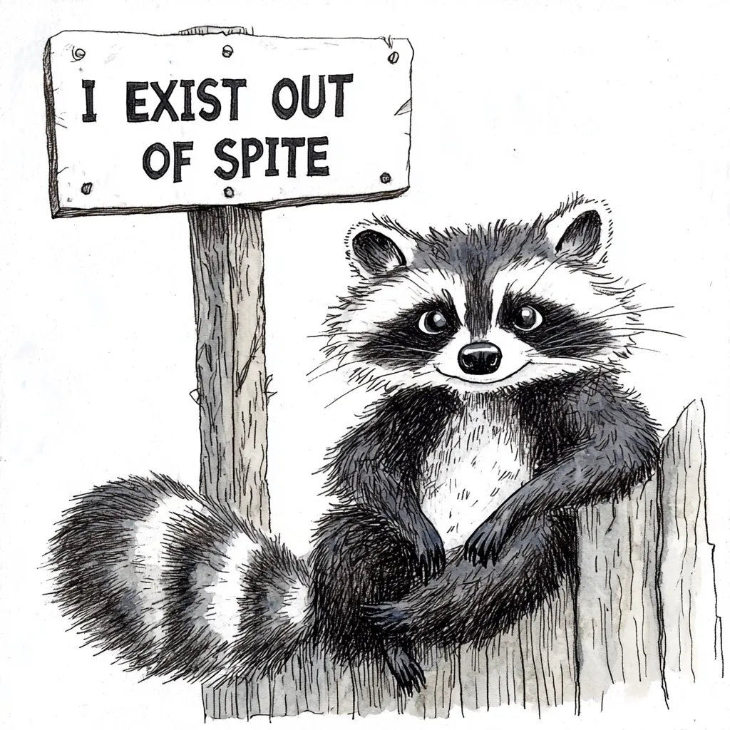 A whimsical illustration depicts a raccoon perched on a fence post, a wooden sign reading "I EXIST OUT OF SPITE" planted beside it. The raccoon is rendered in black and white ink, showcasing its fluffy tail and expressive eyes.  Its relaxed posture and the sign's humorous message create a lighthearted and slightly mischievous tone.