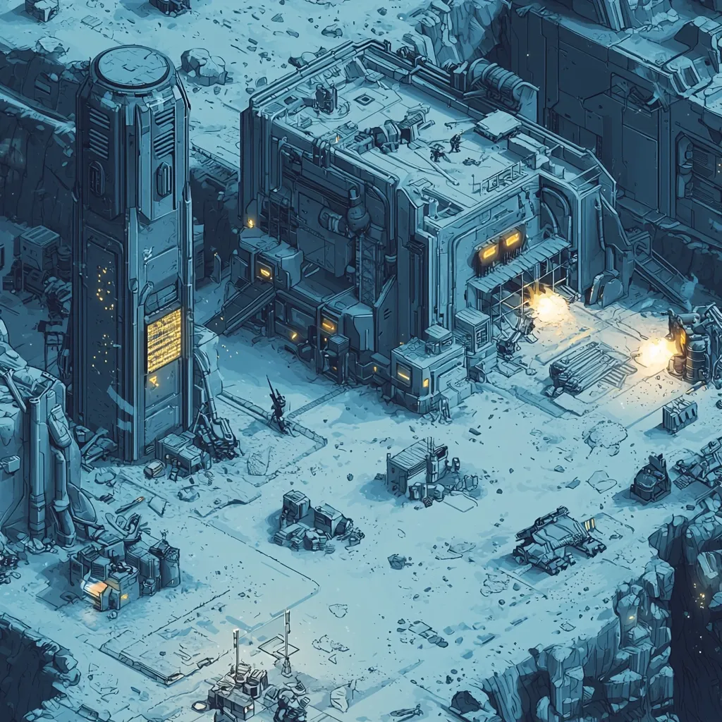 A futuristic, isometric illustration depicts a desolate, icy landscape.  Damaged buildings, possibly a factory and a tall communication tower, show signs of battle.  Explosions erupt near a structure as figures, possibly soldiers, engage in combat.  Scattered debris and vehicles litter the ground, contributing to a scene of post-conflict destruction and harsh environmental conditions.  The overall color palette is cool and muted, emphasizing the bleakness of the setting.
