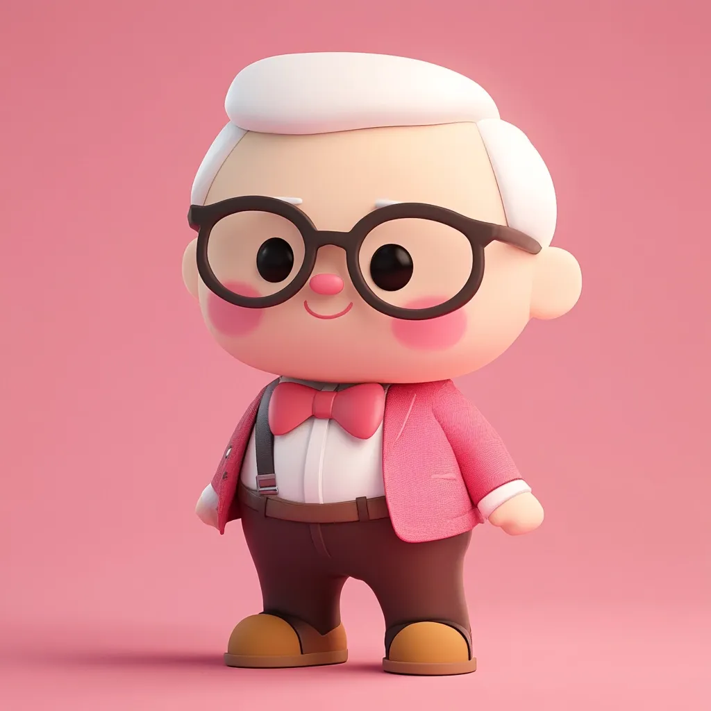 A charming 3D rendering of a stylized elderly gentleman.  He boasts a rosy complexion, white hair, round glasses, and is dressed in a pink jacket, brown trousers, and a bow tie. His cheerful expression and cute design give him a friendly and endearing appearance.  The character is set against a solid pink backdrop.