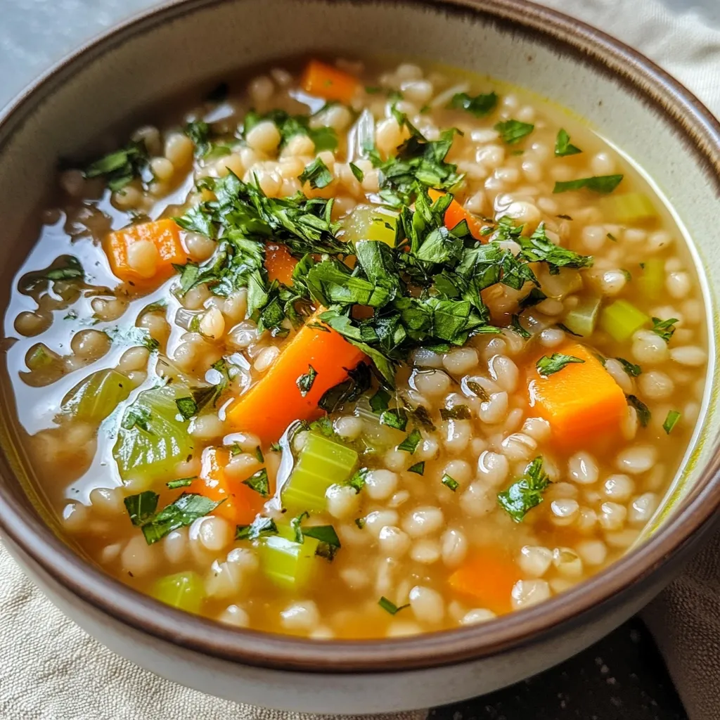 A bowl of hearty barley soup is shown.  The soup is a light golden color and contains small pieces of carrots and celery.  Fresh parsley is sprinkled on top.  The soup appears warm and comforting.  The bowl is a simple, earthy tone.
