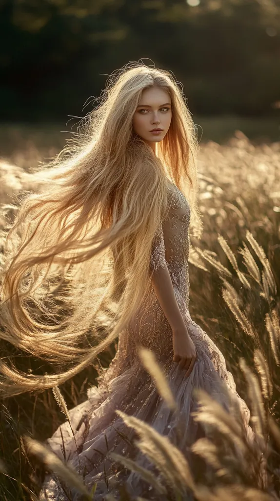A young woman with exceptionally long, flowing blonde hair stands in a field of tall grass.  She wears a delicate, light-colored, sequined gown.  The warm, golden light of the setting sun illuminates her hair and dress, creating a dreamy, ethereal atmosphere.  The overall image evokes a sense of fairytale romance and natural beauty.