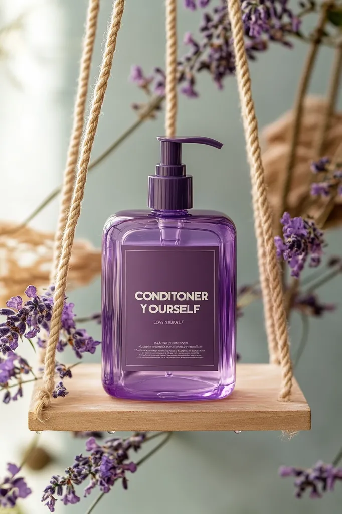 A purple bottle of "Conditioner Yourself" hair conditioner by Love (Your) Self sits on a small wooden shelf suspended by rope.  The bottle features a pump dispenser and is surrounded by sprigs of lavender, creating a spa-like atmosphere. The product label highlights its key ingredients and promises a luxurious hair conditioning experience.