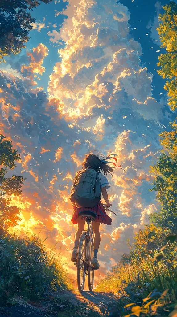A young girl with a backpack rides a bicycle along a path, silhouetted against a vibrant sunset.  The sky is filled with dramatic, colorful clouds, creating a picturesque and serene atmosphere. Lush green vegetation lines the path, adding to the idyllic setting.  The overall impression is one of peaceful journey and youthful adventure.