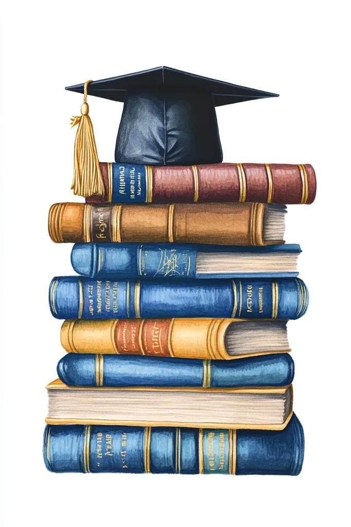 A watercolor illustration depicts a stack of vintage books topped with a graduation cap.  The books are various shades of blue, brown, and tan, with gold lettering visible on some spines. The cap is dark blue with a golden tassel, suggesting the completion of education and the accumulated knowledge represented by the books. The overall style is elegant and evokes a sense of academic achievement.