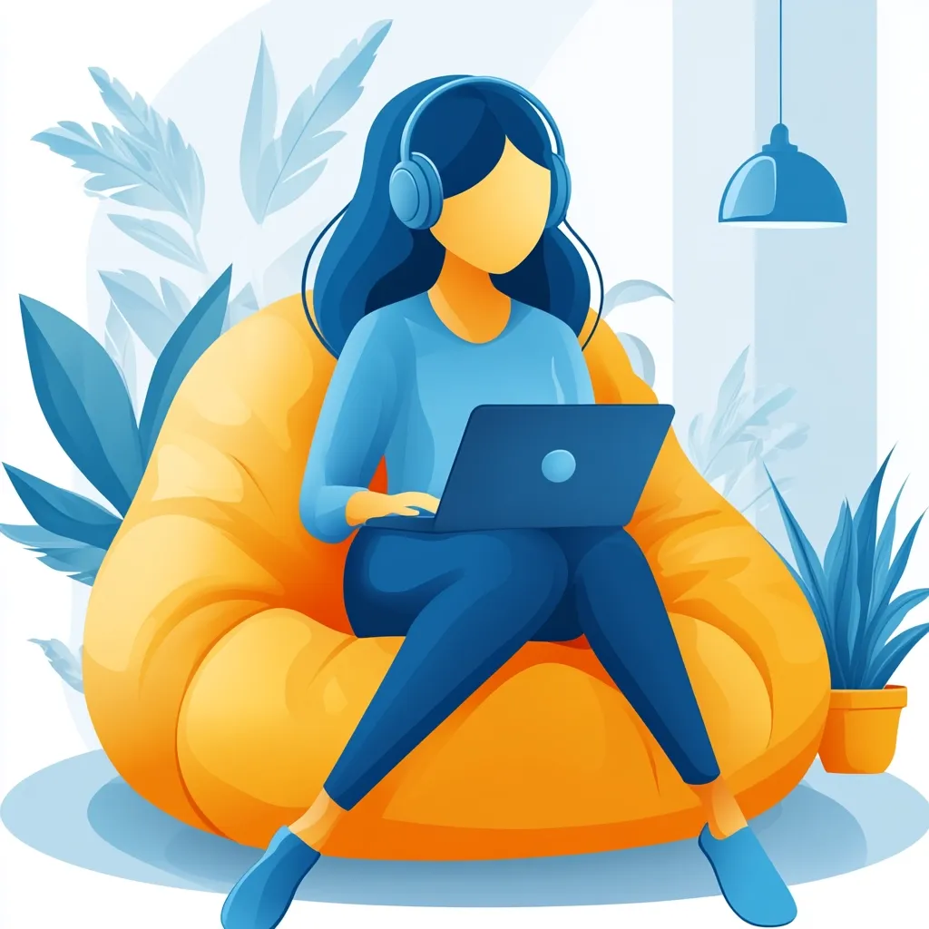 A woman sits comfortably in a yellow beanbag chair, wearing headphones and working on a laptop.  She's dressed in blue clothing, and the scene is peaceful and suggests remote work or online learning.  The background features stylized blue foliage and a minimalist lamp, creating a calming and productive atmosphere.