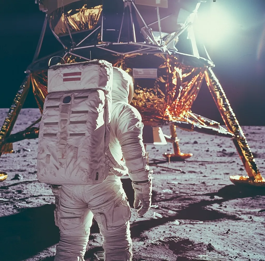 A lone astronaut, clad in a bulky white spacesuit and carrying a large backpack, stands on the lunar surface.  The lunar module, gleaming gold in the sunlight, is visible in the background.  The scene is stark and desolate, highlighting the vastness of space and the monumental achievement of human exploration. The astronaut's back is to the viewer, emphasizing a sense of solitude and the scale of the lunar landscape.