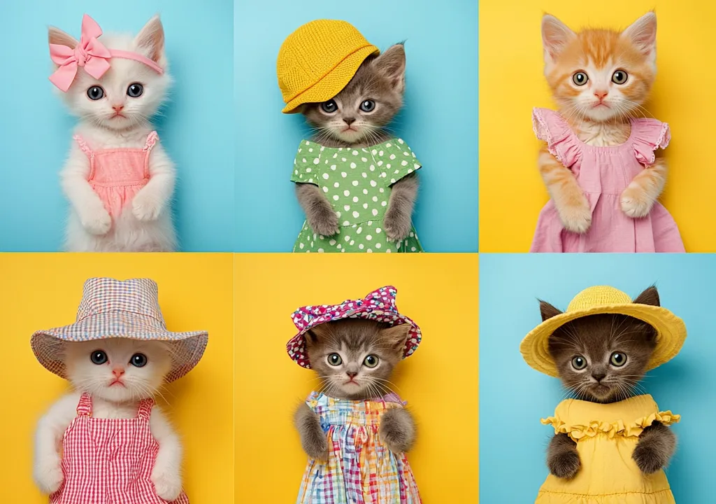 Six adorable kittens are dressed in colorful outfits and hats against bright blue and yellow backgrounds.  Each kitten poses individually in a separate square, showcasing a variety of clothing styles including dresses, overalls, and sun hats.  The image is a playful collage emphasizing the kittens' cuteness and the vibrant colors of their attire.