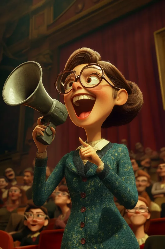A stylized animated woman, wearing round glasses and a teal patterned coat, enthusiastically addresses an audience.  She holds a vintage megaphone to her mouth, her expression bright and joyful. The background shows a theater setting with rows of seated spectators, suggesting a public announcement or performance is underway.  Her exaggerated features and vibrant colors contribute to the cartoonish aesthetic.