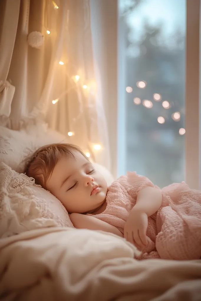A peaceful baby girl sleeps soundly in a cozy bed near a window.  She wears a delicate pink dress and rests on a lace-trimmed pillow. Soft, warm light from fairy lights illuminates the scene, creating a tranquil and dreamy atmosphere. The overall impression is one of gentle warmth and serenity.