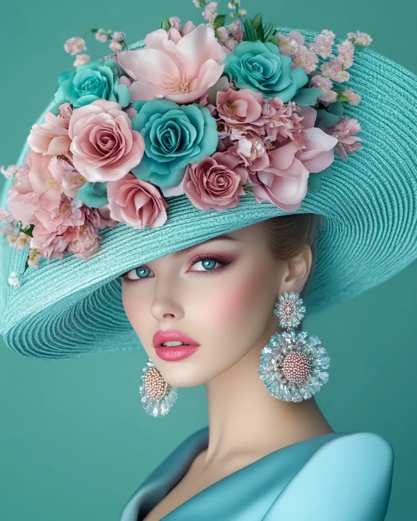 A beautiful woman with flawless makeup wears a large, light teal sun hat adorned with a profusion of pastel pink and teal roses and other blossoms.  She also sports matching teal earrings. Her makeup is soft and elegant, complementing the delicate floral arrangement on her hat.  The overall image evokes a sense of sophistication and springtime charm.