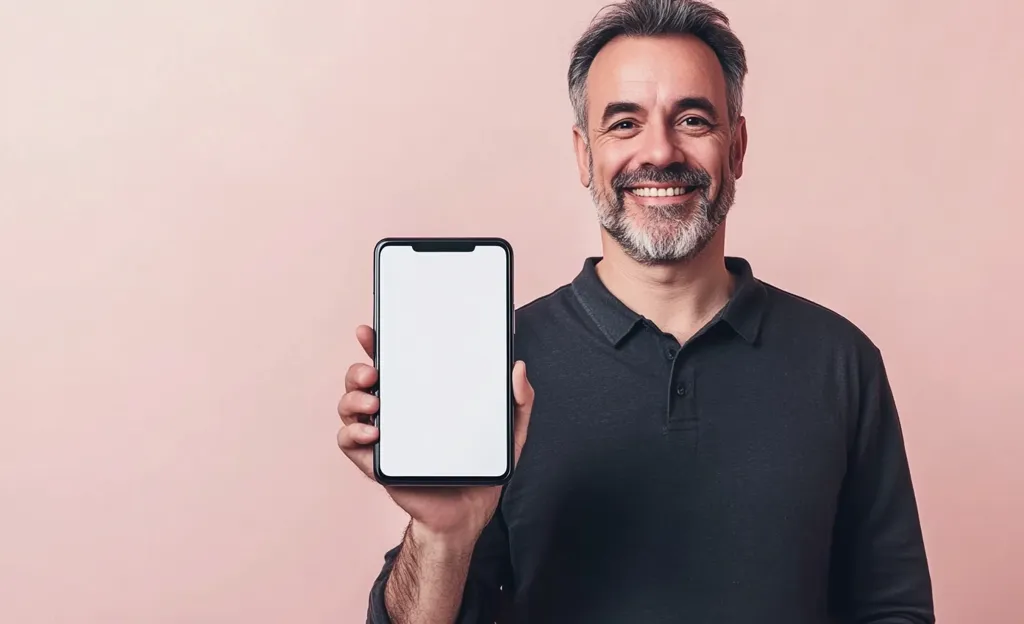 A smiling man with graying hair and a beard holds a smartphone with a blank white screen. He's wearing a black polo shirt against a pale pink background.  The image is likely for advertising or showcasing a mobile app, website, or product. His expression is friendly and inviting.