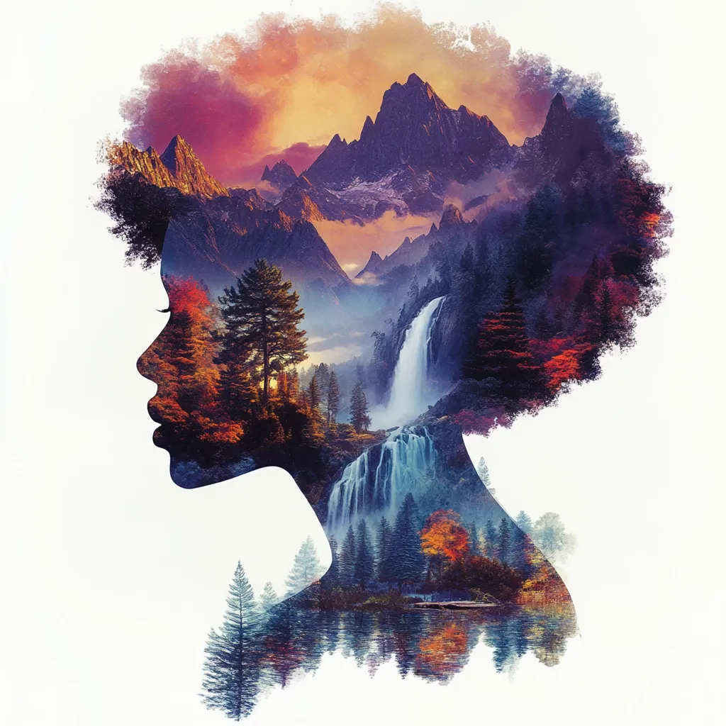 A stunning double exposure image depicts a woman's profile silhouetted against a vibrant landscape.  Her afro-textured hair forms the backdrop for a breathtaking mountain scene, complete with a cascading waterfall and autumnal foliage. The colors are rich and saturated, creating a striking visual contrast between the woman's form and the natural world within.  The overall effect is one of serene beauty and harmonious integration.