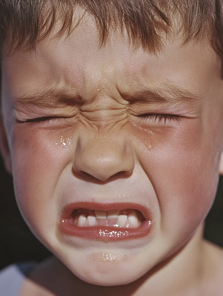Close-up of a young boy's face, eyes squeezed shut, mouth slightly open, teeth showing, and cheeks flushed.  He appears to be in distress or crying, his brow furrowed in a grimace.  The image emphasizes the child's emotional expression, with details of his skin texture and the tension in his face clearly visible.