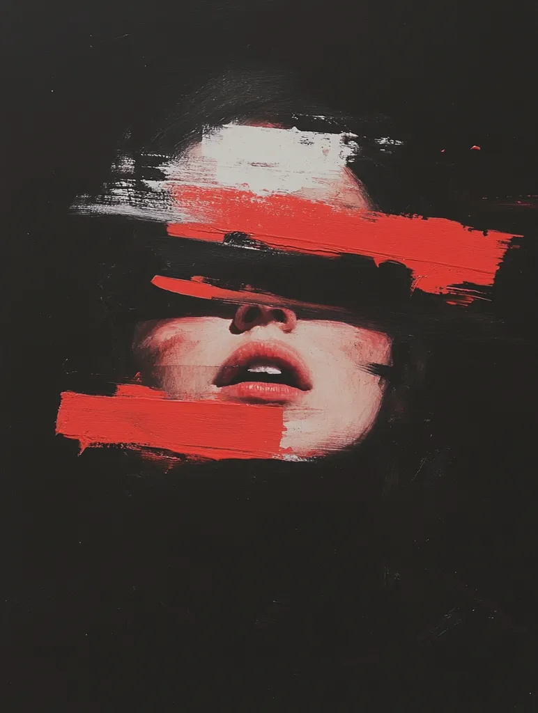 The artwork is a stylized portrait of a woman's face, partially obscured by bold brushstrokes of red and white paint.  The dark background emphasizes the vibrant colors, creating a dramatic contrast.  Only the woman's mouth and part of her face are clearly visible, leaving much of her features hidden beneath the abstract layers of paint. The style suggests a blend of realism and expressionism.