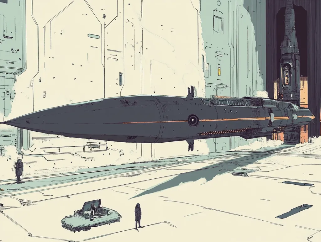 A long, dark spaceship with an orange stripe hovers low over a futuristic cityscape.  The city's architecture is stark and geometric, with light-colored buildings and minimal detail. Two small figures stand in the foreground, observing the vessel.  The scene is rendered in a stylized, almost sketch-like manner, with a muted color palette emphasizing the spaceship's sleek design.  The overall atmosphere is quiet and contemplative.