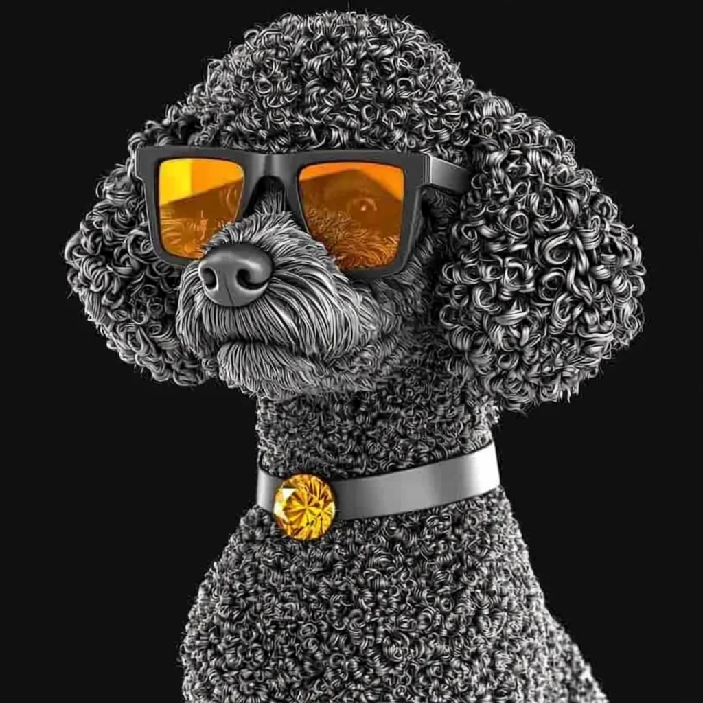 A stylish black poodle is depicted, sporting a pair of black sunglasses with amber lenses and a sleek black collar adorned with a yellow gemstone.  Its fur is meticulously detailed, appearing almost metallic in texture.  The dog's expression is serious and cool, creating a sophisticated and fashionable portrait against a stark black background.