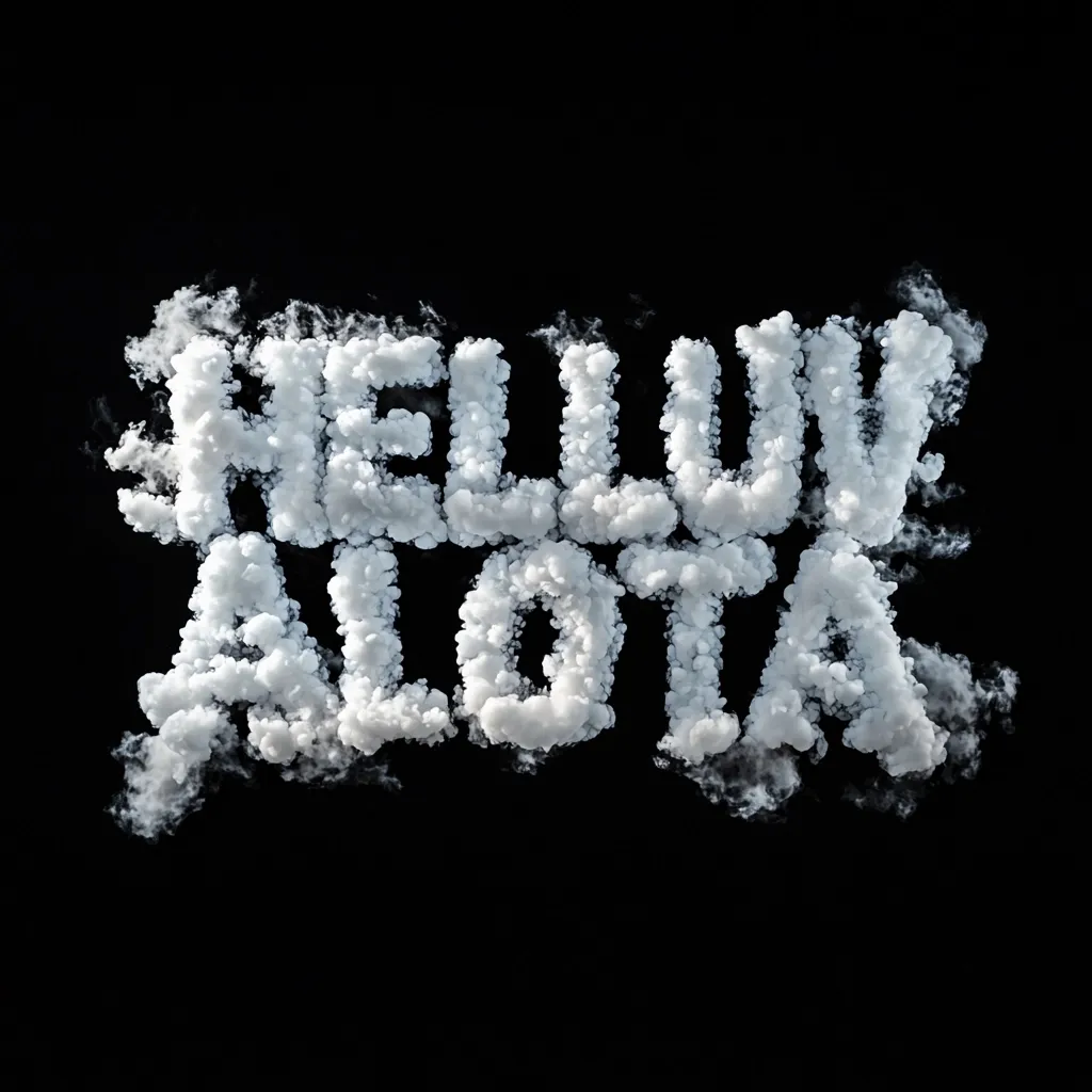The words "HELLUV A LOTA" are formed from fluffy white clouds against a completely black background.  The clouds are densely packed to create the letters, with some wisps of cloud extending beyond the word shapes. The image has a dark, dramatic, and slightly surreal quality.
