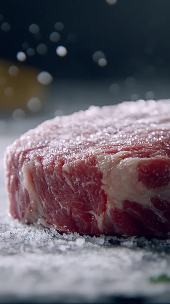 A thick cut of raw beef, richly marbled, rests on a bed of coarse salt.  The meat is glistening, and salt crystals are scattered across its surface.  The background is dark and blurred, focusing attention on the rich red and white tones of the steak.  The image evokes a sense of anticipation for a delicious meal.