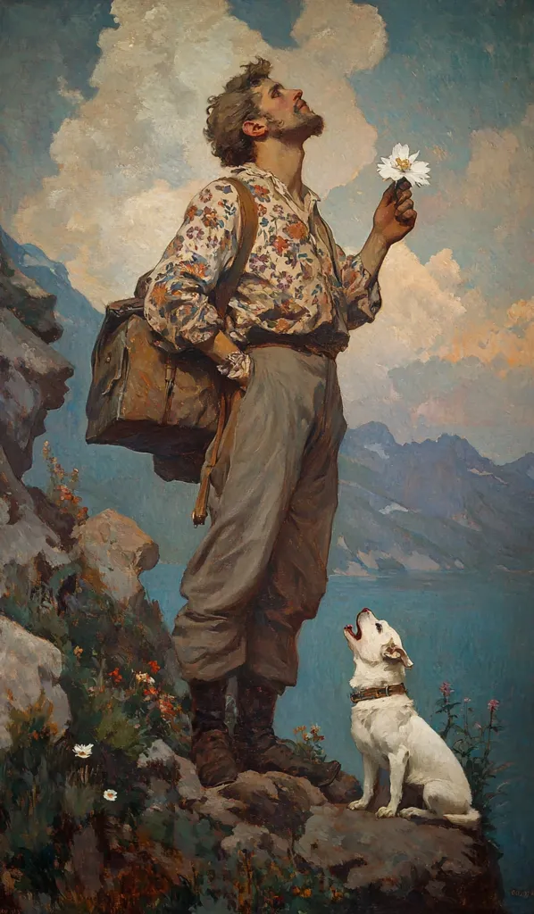 A man, carrying a satchel, stands on a rocky mountainside, gazing upward at a single white flower he holds.  He wears a patterned shirt and loose-fitting trousers, his boots sturdy. A small white dog sits attentively at his feet, looking towards him.  The background displays a serene lake and majestic mountains under a cloudy sky. The overall mood is one of peaceful contemplation in a breathtaking natural setting.