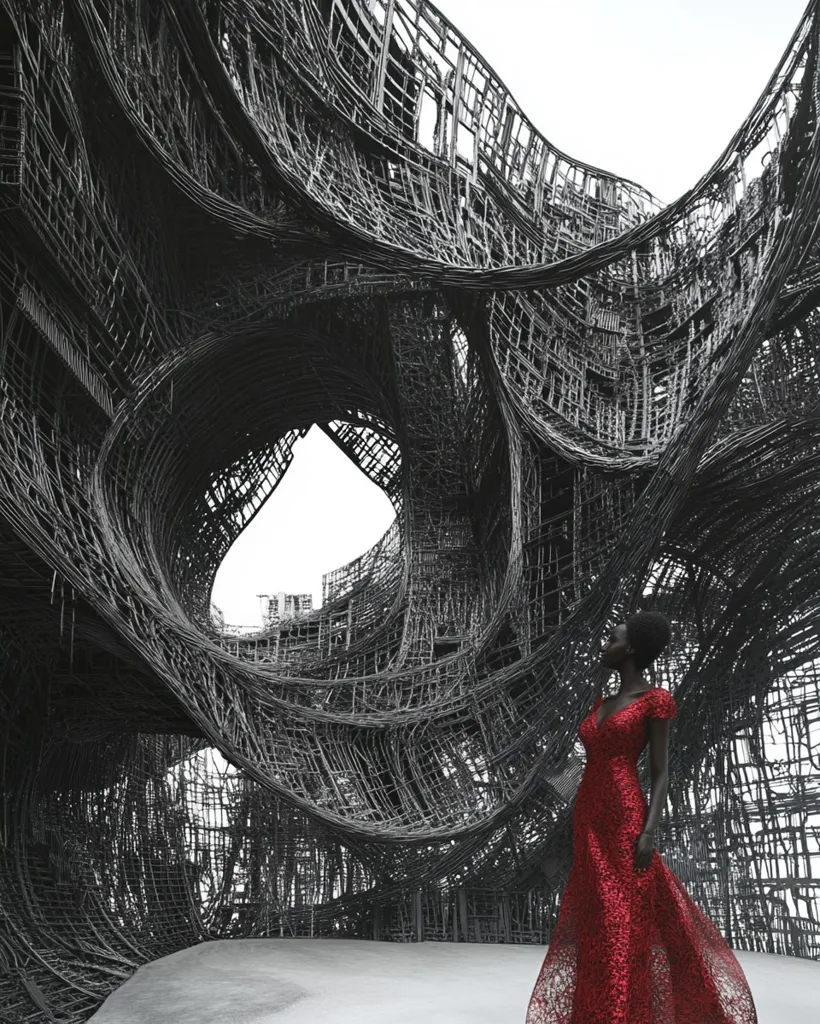A woman in a long, red, textured gown stands within a large, abstract structure composed of interwoven, dark grey, metal strands.  The structure's intricate design creates a complex, cavernous space with openings revealing a brighter background. The contrast between the vibrant red dress and the dark, almost skeletal framework is striking. The overall impression is one of architectural fantasy and surreal beauty.