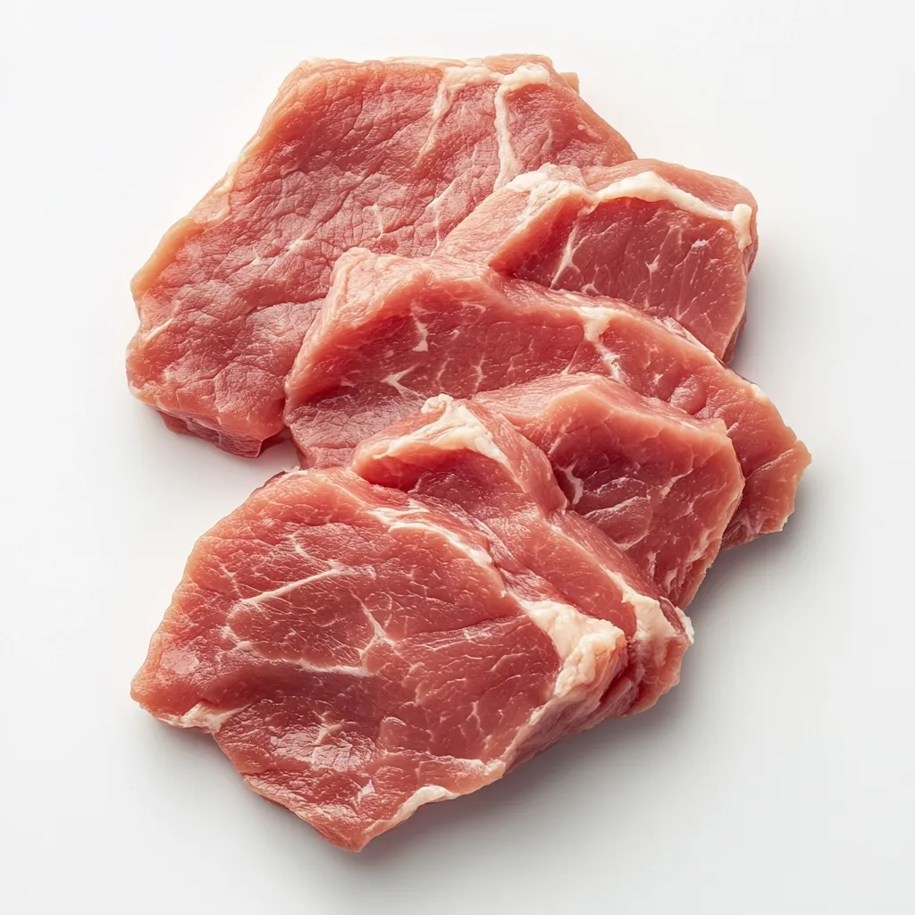 Four raw, pinkish-red slices of meat are neatly stacked on a white background.  The meat is likely pork or beef, showing marbling and a slightly irregular cut.  The slices are arranged to show their texture and color, creating a visually appealing image suggestive of freshness and quality.