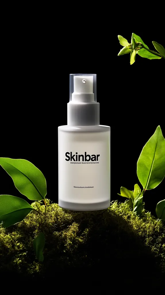 A white bottle of Skinbar serum sits on a bed of moss, surrounded by lush green leaves against a black background. The bottle features a minimalist design with the brand name prominently displayed.  The image evokes a sense of natural beauty and skincare, highlighting the product's potential purity and connection to nature.