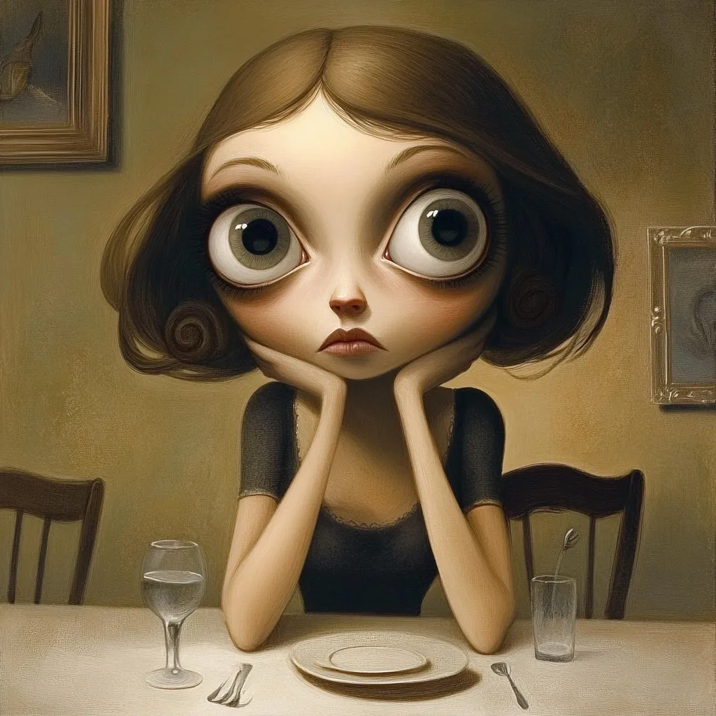 A stylized illustration depicts a young girl with oversized eyes and a somber expression.  She sits at a table with a plate and glass of water, her hands resting on the table, elbows supporting her chin. The setting is subdued, with muted colors and a quiet atmosphere, enhancing the melancholic mood. Her large eyes and downturned mouth suggest sadness or contemplation. The overall style is reminiscent of dark, whimsical art.