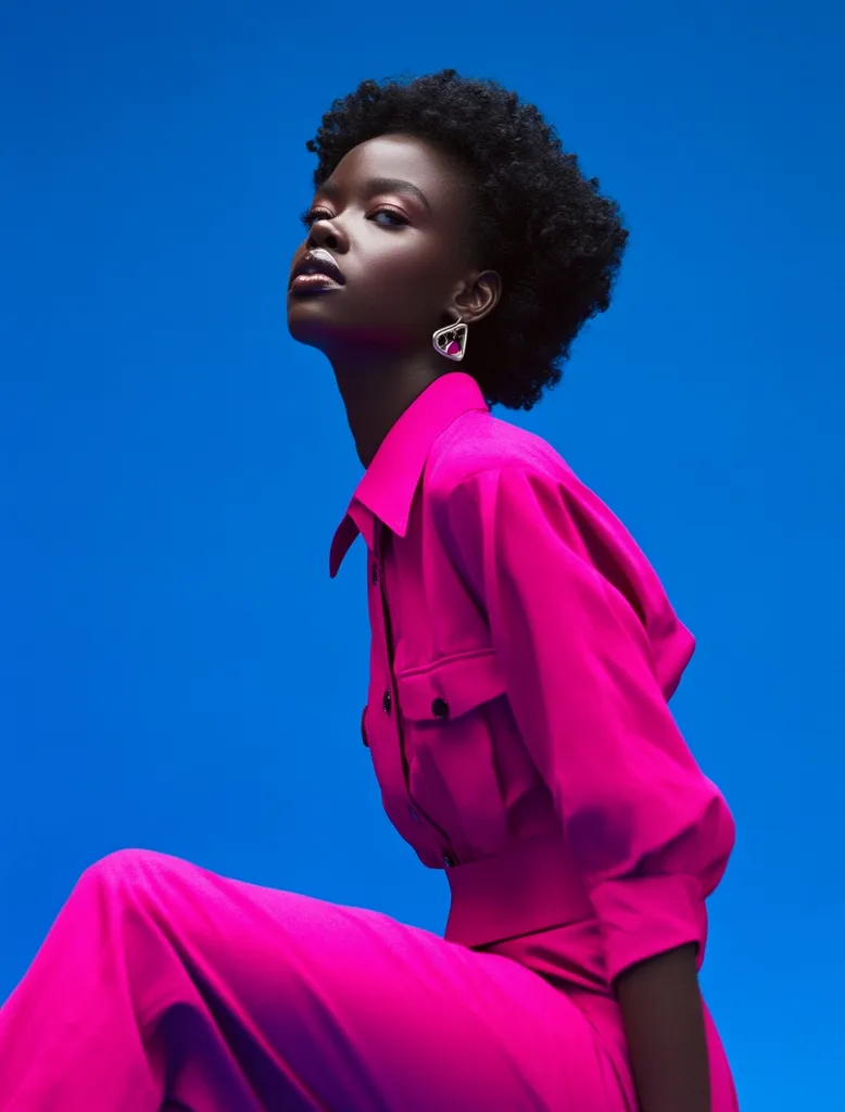 A Black woman with a short, curly afro sits against a vibrant blue backdrop. She is dressed in a striking hot pink jumpsuit, cinched at the waist, with a collared shirt design and long sleeves.  Her makeup is bold, and she wears geometric pink and silver earrings. The image is sharp and stylish, emphasizing a strong and confident pose.