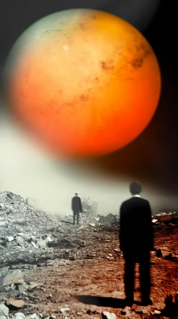 A large, fiery orange planet dominates the sky above a desolate, debris-strewn landscape.  Two silhouetted figures walk towards the viewer along a dirt path, their backs to a hazy, apocalyptic scene.  The atmosphere is somber and suggestive of a post-apocalyptic or alien world.  The planet's immense size dwarfs the figures, emphasizing their vulnerability.