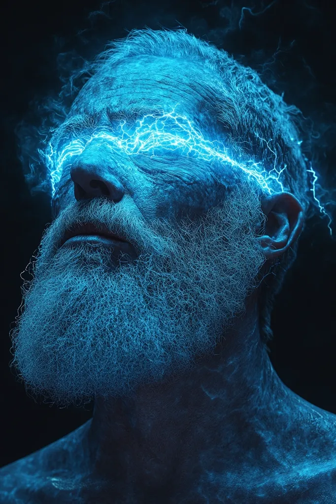 A close-up portrait of an elderly man with a long beard, his eyes covered by a vibrant, electric blue energy.  The blue light seems to emanate from within, illuminating his face and body with a mystical, otherworldly glow. His expression is serene, suggesting a state of calm or contemplation. The overall effect is surreal and powerful, blending the human form with energy.