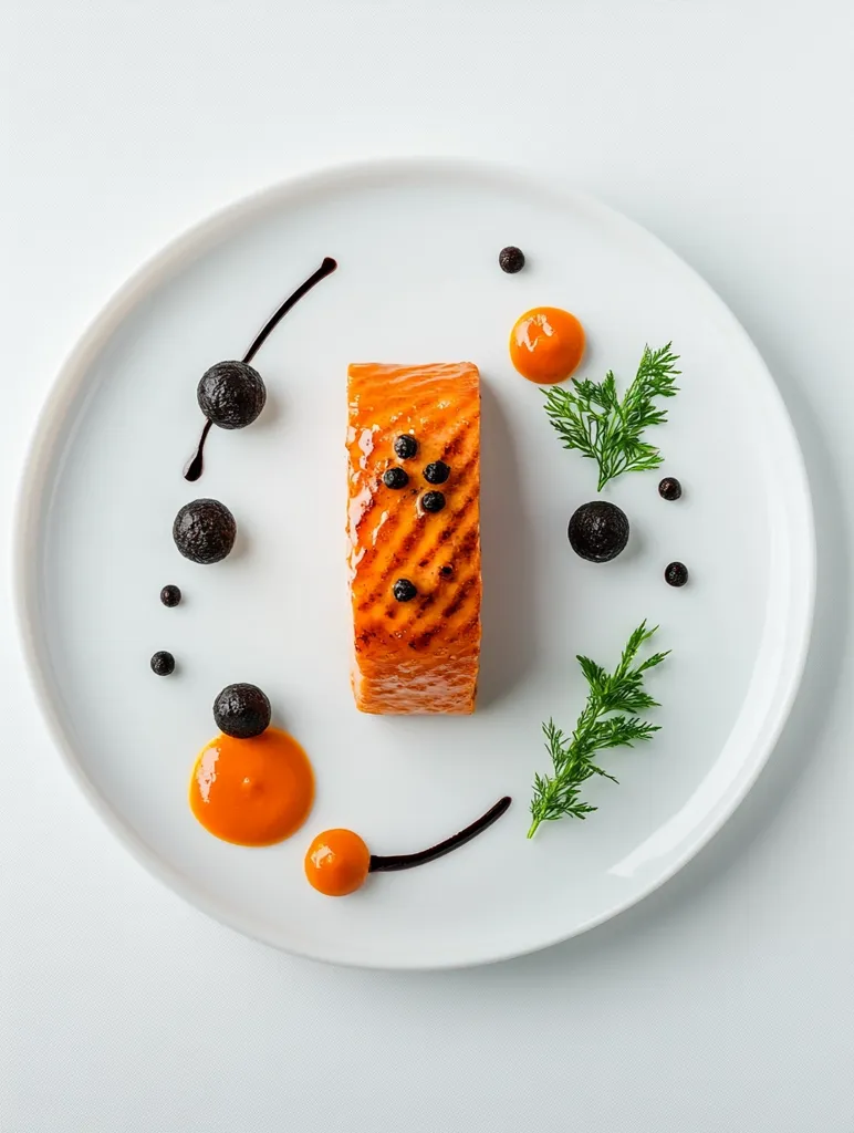 A grilled salmon fillet is artfully presented on a white plate.  The salmon is adorned with black peppercorns and sits amongst small dollops of orange purée, dark sauce drizzles, and sprigs of fresh dill.  Dark-colored spheres, possibly olives or similar, are strategically placed around the plate, creating a visually appealing and sophisticated culinary composition.