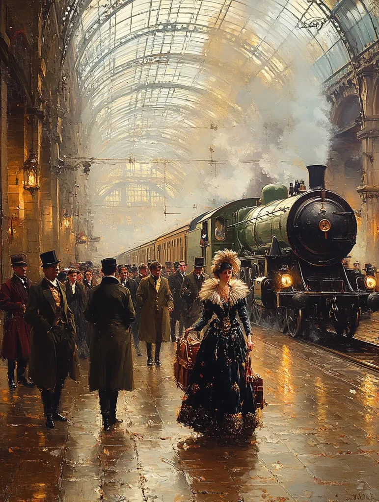 A painting depicting a grand train station's bustling platform.  A elegantly dressed woman with luggage stands prominently, awaiting or departing from a steam train emitting smoke.  Men in period clothing, hats, and overcoats surround her, creating a scene of late 19th-century travel and elegance under a large glass-roofed station.  The wet pavement reflects the scene, adding to the atmospheric detail.