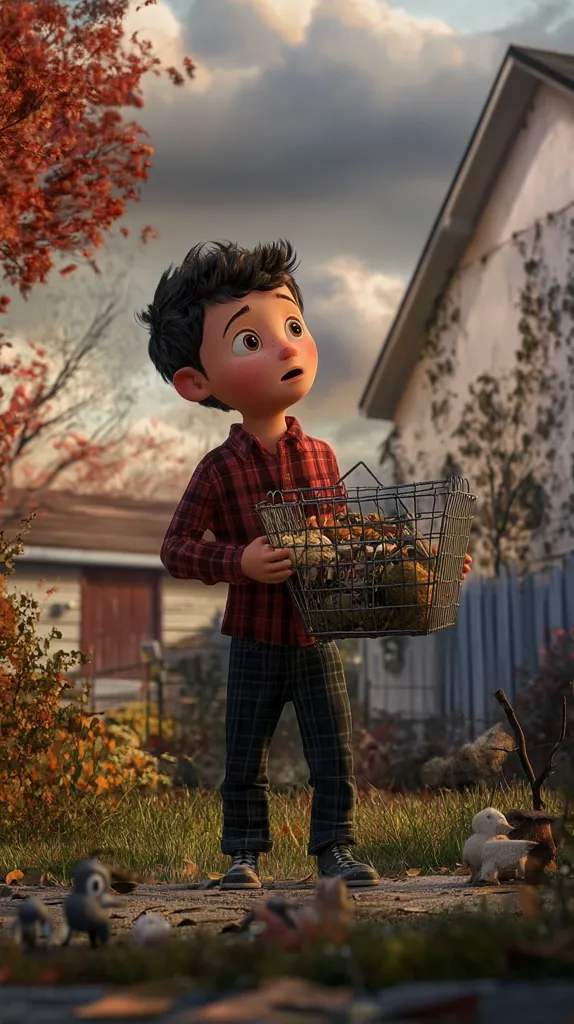 A young boy, rendered in a charming cartoon style, stands in a garden, gazing upward.  He carries a wire basket overflowing with autumn leaves and other natural debris. The setting is idyllic, with a rustic house in the background and fallen leaves scattered on the ground.  Small animal figures are visible near his feet, adding to the whimsical atmosphere. The overall mood is serene and slightly melancholic.